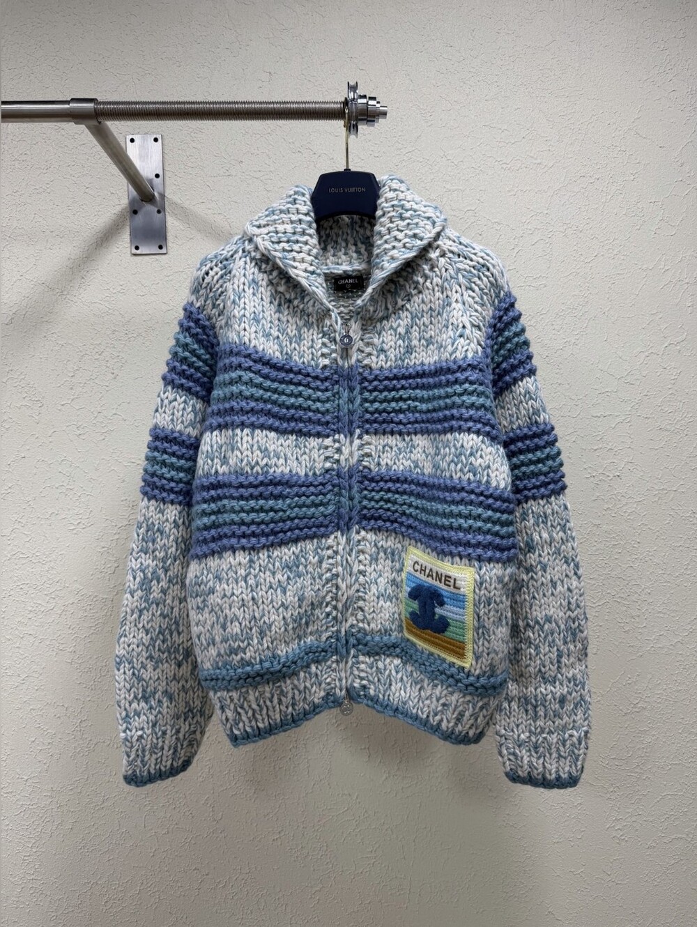 CHANEL Blue and White Striped Zip Cardigan Sweater